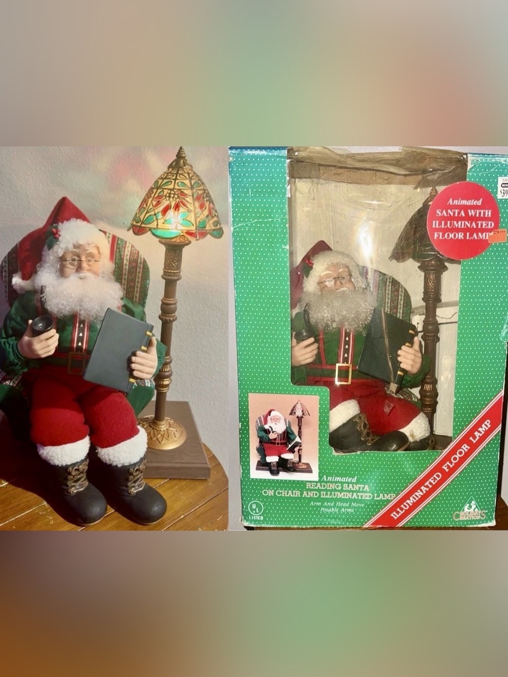 VINTAGE HOLIDAY CREATIONS ANIMATED READING SANTA w/TIFFANY STYLE LAMP~MINT!~RARE